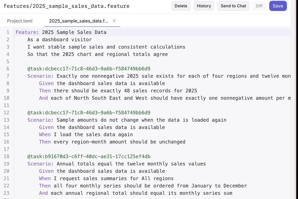 Genie Agents · Files: BDD feature specs the agent writes and tests against