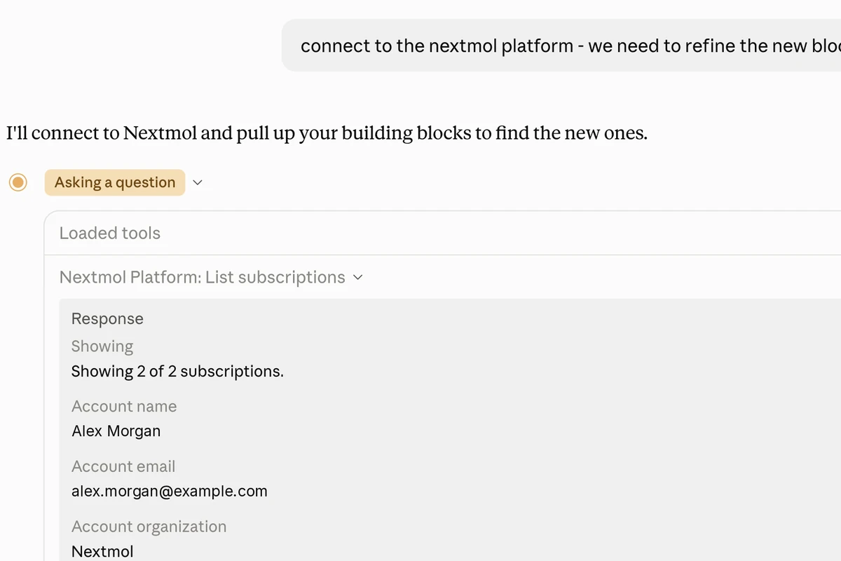 Nextmol · Claude connected to the platform through its MCP server