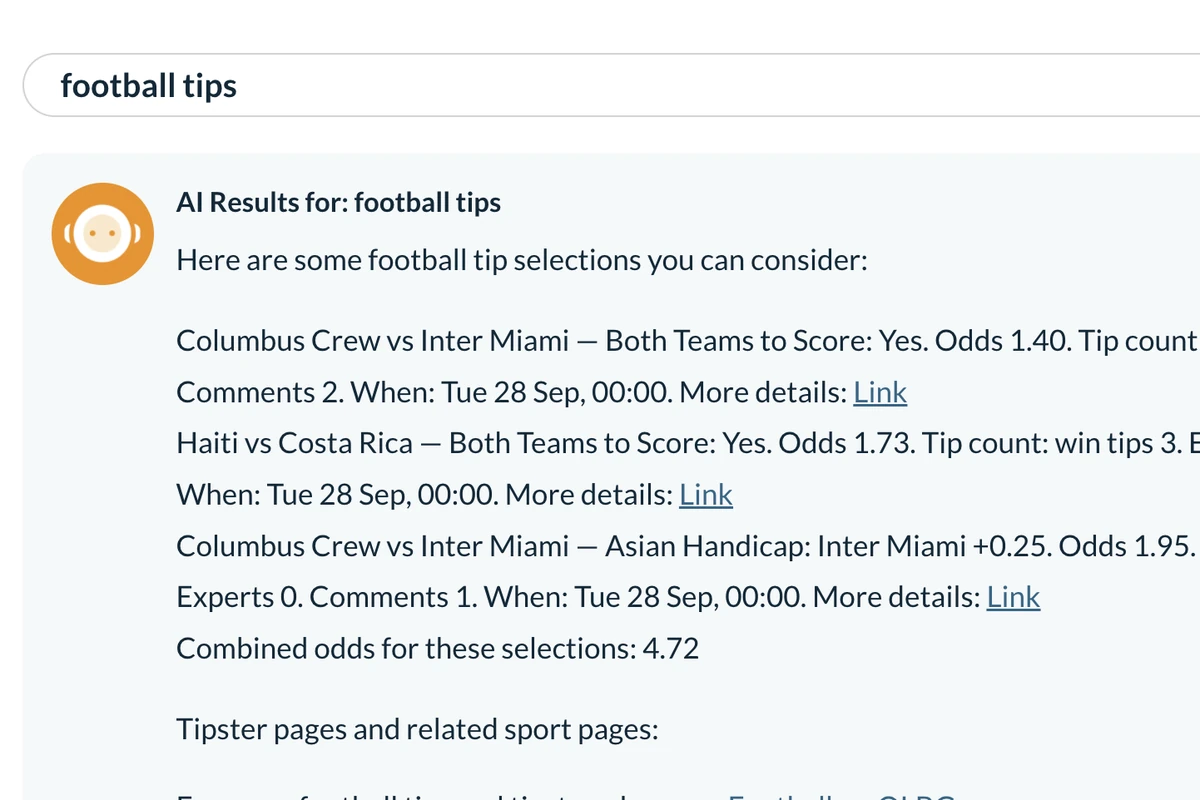 OLBG AI Search: an AI answer above the regular results for “football tips”, with live tips, odds and links