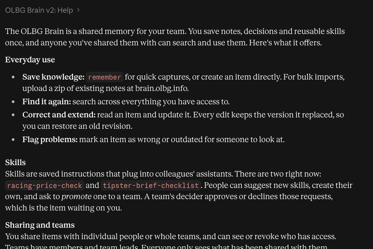 OLBG.brain · Ask it about itself: a shared team memory for notes, decisions and skills