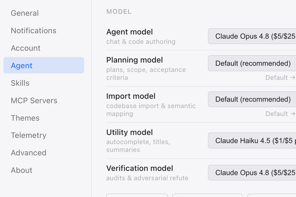 Tide · Settings: a model for each job: agent, planning, import, verification