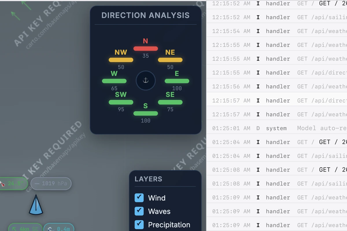 Tide · Preview: the running app next to its live request logs