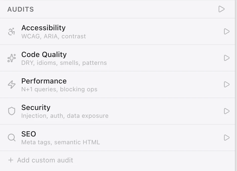 Tide · Audits: accessibility, code quality, performance, security, SEO